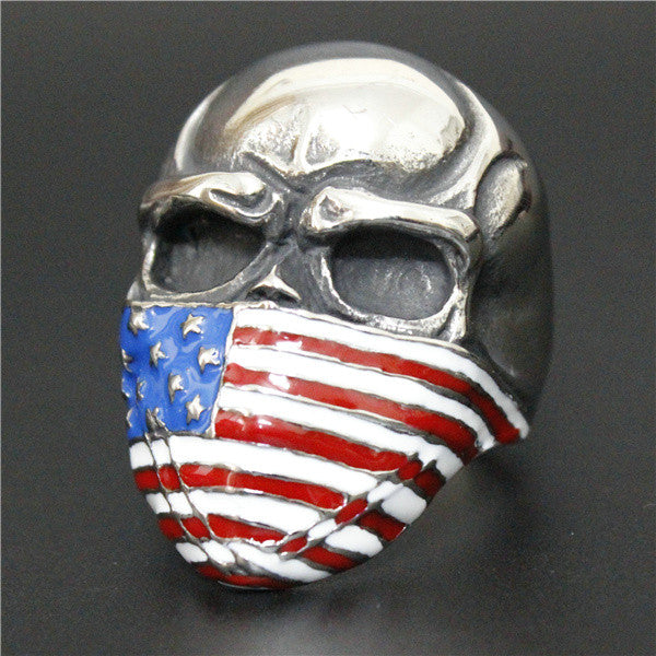 Stainless Steel Skull with American Flag Mask Ring