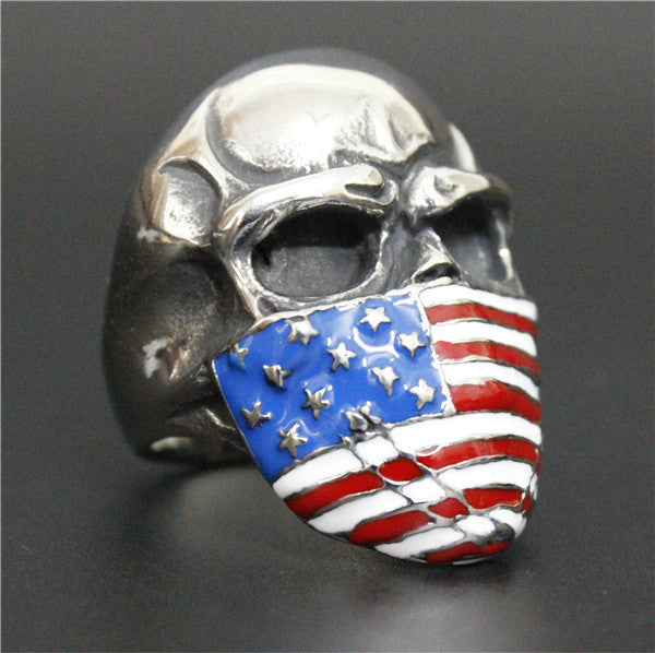 Stainless Steel Skull with American Flag Mask Ring