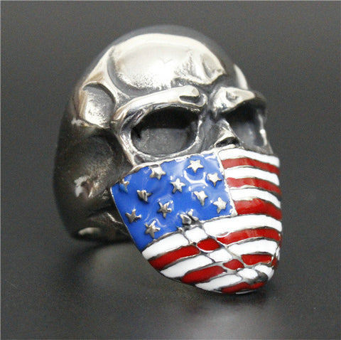 Image of Stainless Steel Skull with American Flag Mask Ring