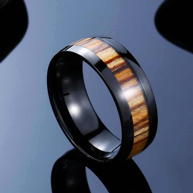 Stainless Steel Rings with Simulated Wood Center