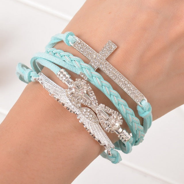 Women's Angel Wings Cross Rhinestone Braided Leather Bracelet