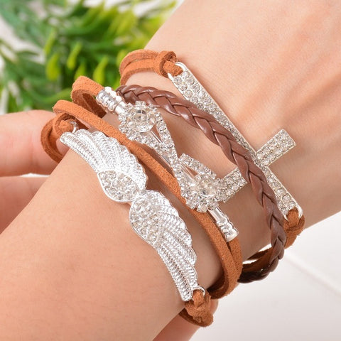 Image of Women's Angel Wings Cross Rhinestone Braided Leather Bracelet