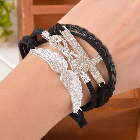 Image of Women's Angel Wings Cross Rhinestone Braided Leather Bracelet