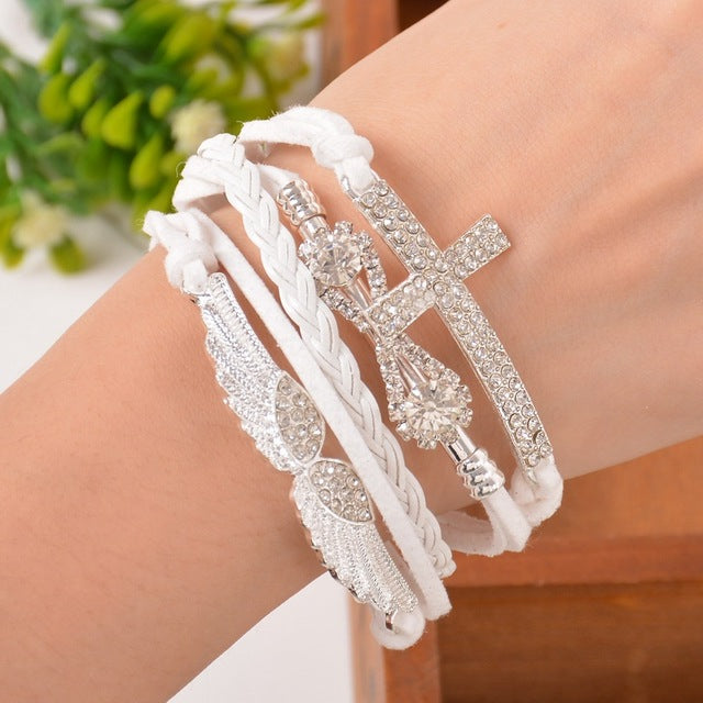 Women's Angel Wings Cross Rhinestone Braided Leather Bracelet