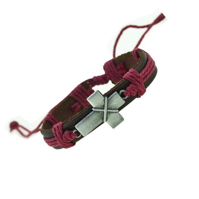 Charm Bracelets - Unisex Genuine Leather Bracelet With Cross Charm And Braided Cord