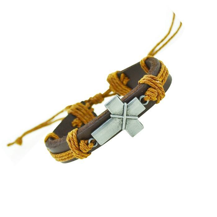 Charm Bracelets - Unisex Genuine Leather Bracelet With Cross Charm And Braided Cord