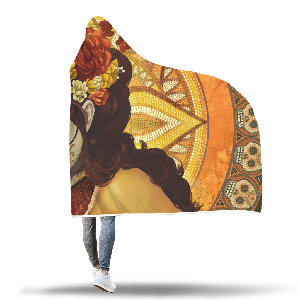 Orange Lotus Sugar Skull Hooded Blanket