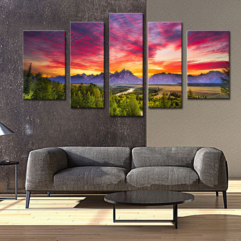 5 Panel Mountain Sunset Wall Art with Wooden Frame - Ready To Hang