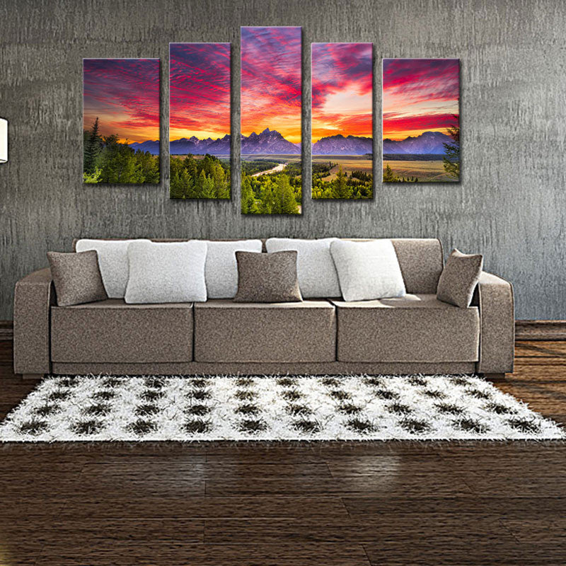 5 Panel Mountain Sunset Wall Art with Wooden Frame - Ready To Hang