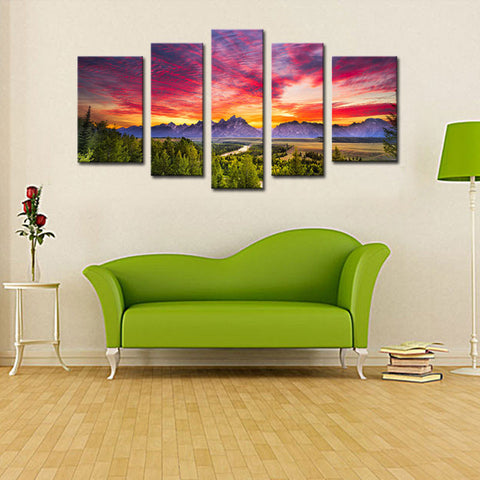 Image of 5 Panel Mountain Sunset Wall Art with Wooden Frame - Ready To Hang