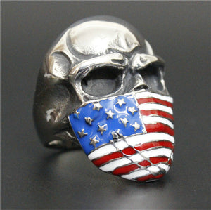 Stainless Steel Skull with American Flag Mask Ring