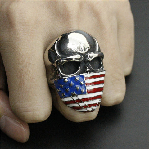 Image of Stainless Steel Skull with American Flag Mask Ring