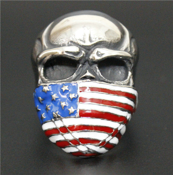 Stainless Steel Skull with American Flag Mask Ring