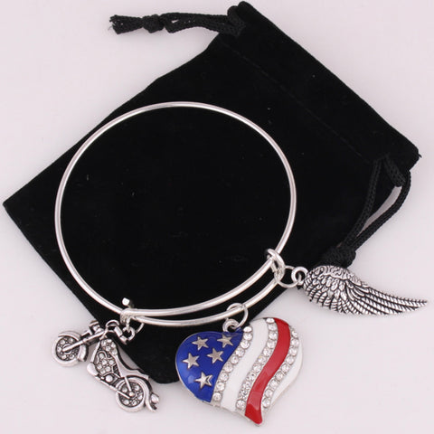 Motorcycle, Angel wing, and American Heart Bangle Bracelet