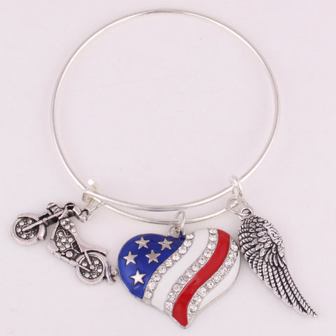 Motorcycle, Angel wing, and American Heart Bangle Bracelet