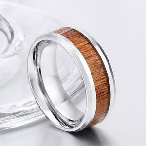 Stainless Steel Rings with Simulated Wood Center