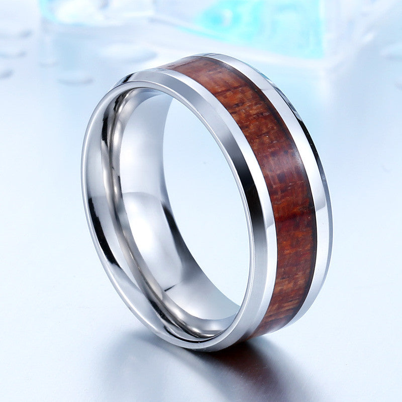 Stainless Steel Rings with Simulated Wood Center