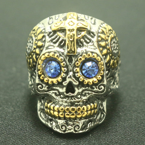 Stainless Steel Blue Eyed Cross Skull Ring
