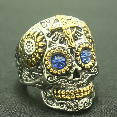 Image of Stainless Steel Blue Eyed Cross Skull Ring