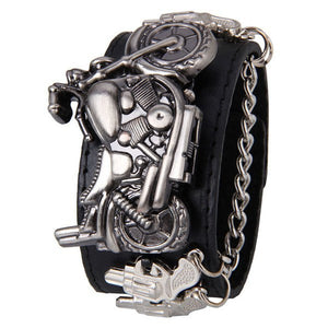 Charm Bracelets - Leather Bracelet With Motorcycle Watch