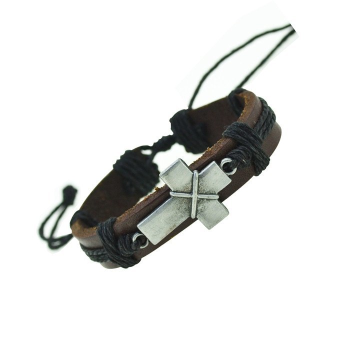 Charm Bracelets - Unisex Genuine Leather Bracelet With Cross Charm And Braided Cord
