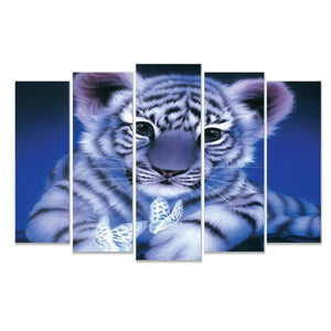 5 Panel Diamond White Tiger with Wooden Frame - Ready To Hang