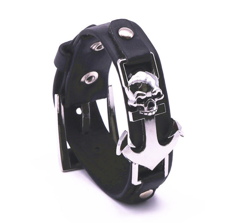Genuine Leather Skull and Anchor Bracelet